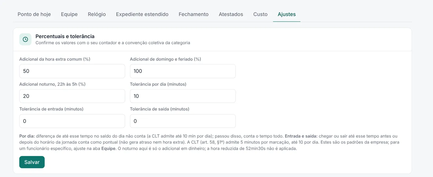 Ajustes com tolerância por dia, de entrada e de saída