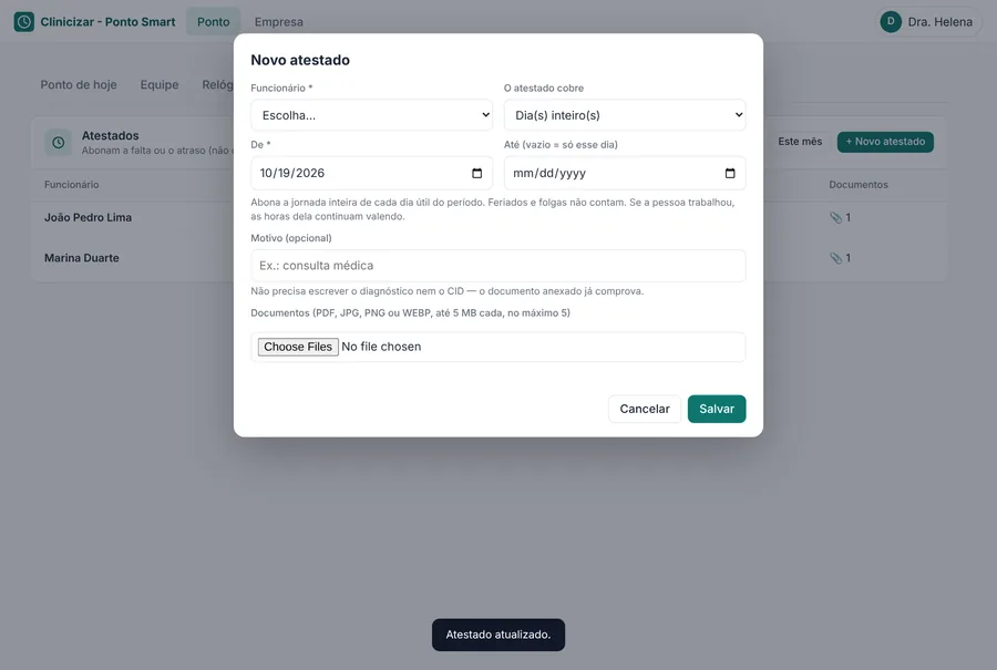 Janela Novo atestado com tipo, período, horas, motivo e anexo